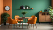 Orange leather chairs at a round dining table behind a green wall.