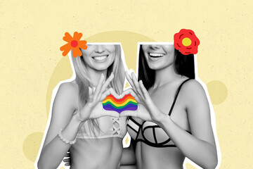 Poster - Abstract creative concept composite photo collage of happy girls showing lgbtq rainbow heart gesture isolated on drawing background