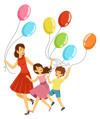 Sticker - Mother and kids running with colorful balloons. Happy people