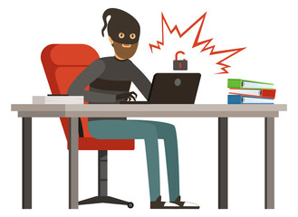 Poster - Criminal hacking computer. Man in balaclava stealing personal data