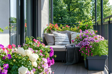 Wall Mural - Modern large balcony is decorated with flowers. Reading and relaxing area at home