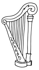 Sticker - Harp doodle. Classic music instrument line icon