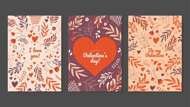 3 Romantic Postcards with Botanical Elements in Vintage Retro Colors. Valentine's Day Vector Template