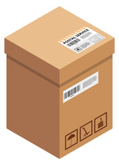 Sticker - Closed cardboard box icon. Isometric cargo container