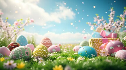 Poster - Easter eggs and spring flowers on green meadow.