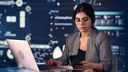 Business woman working laptop smartphone cyberspace big data analyzing at futuristic screen diagram