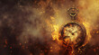 A close-up photo of a gold pocket watch engulfed in flames. Copy space. Deadline and urgency concept.