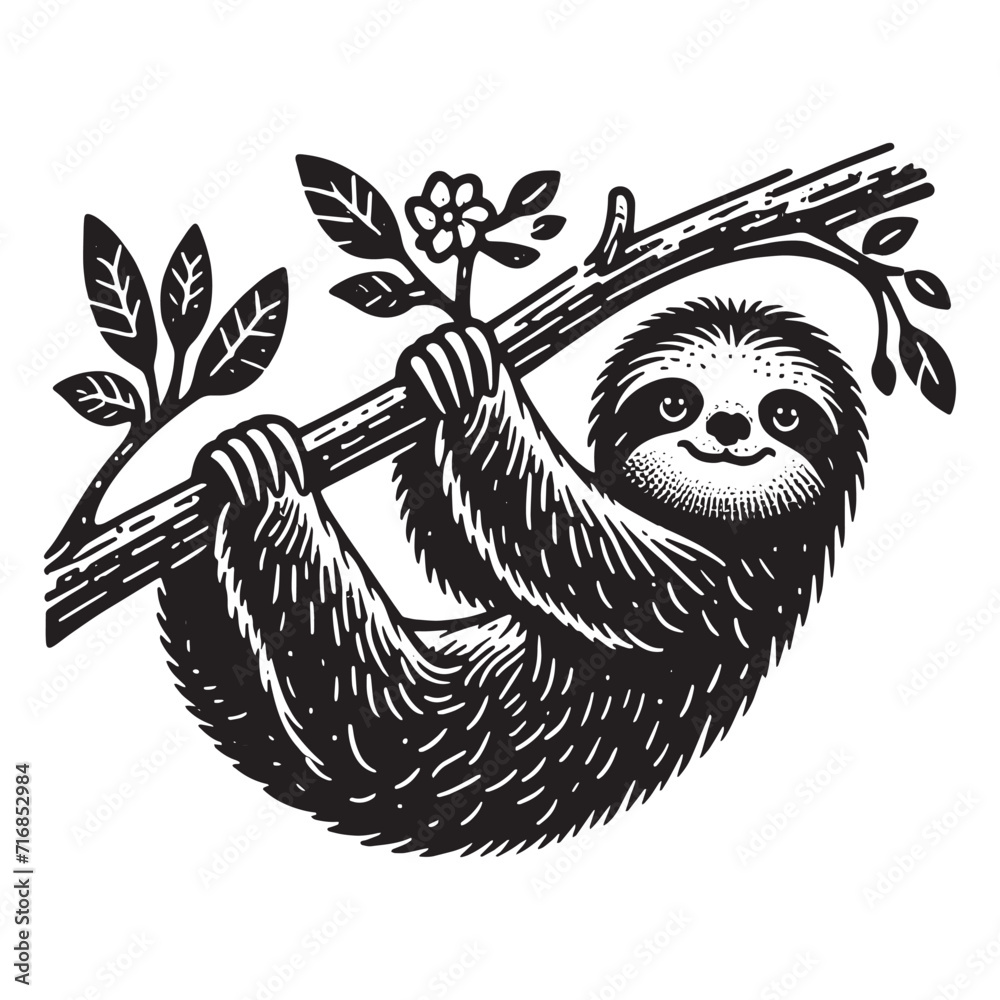 Sloth Enblum Cute sloth on a tree branch. Vintage vector engraved illustration ...