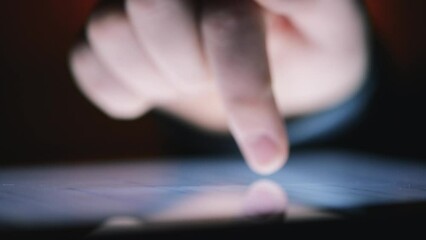 Poster - Phone, finger scrolling on screen for information or research closeup in studio on dark background. Hands, contact and app on display with person using internet on mobile for reading or communication