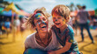 © b_mc Photographer - Mother with son celebrating Holi Fest, laughing and hugging, stained by colored pigments tied in the air. Artificial intelligence generated