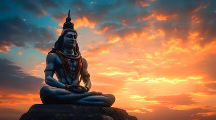 Wall Mural - back lit statue of hindu god lord shiva in meditation posture with dramatic sky from unique angle,