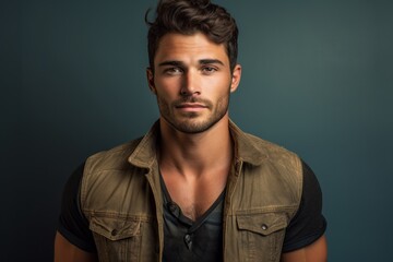 Poster - Portrait of a satisfied man in his 20s wearing a rugged jean vest against a blank studio backdrop. AI Generation