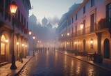 Fototapeta Fototapeta uliczki - Oil painting of the old town of the 19th century in the evening with lanterns in the impressionist style with fog and smoke, street in the evening with lanterns in the old town. Old photo.