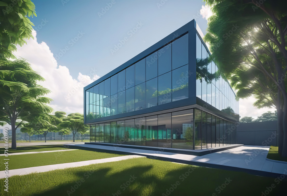 Eco friendly building in modern city, 3D rendering, sustainable glass ...