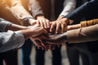 A heartwarming image of a business team forming a circle, hands joined together, symbolizing the unity, trust, and collective strength that define their collaborative efforts.