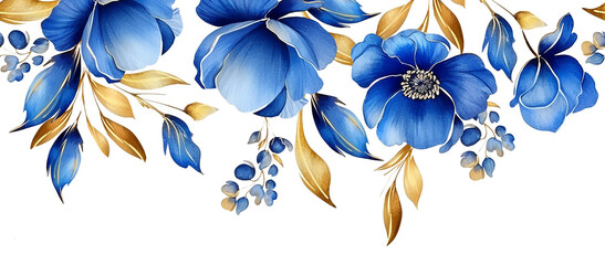 Wall Mural - watercolor seamless border, frame of flowers and leaves in blue and gold.