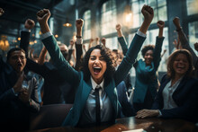 A Dynamic Image Of A Business Team Celebrating Milestones, Hands Raised In Jubilation, Symbolizing The Shared Victories And The Collective Strength Found In Their Collaborative Eff