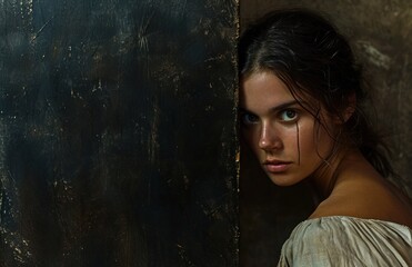 Poster -  a beautiful young woman standing next to a wall with a painting of a woman's face painted on the side of the wall behind of the woman's head.