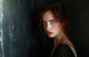 Canvas Print -  a woman with freckled hair and blue eyes poses for a picture in front of a dark wall with peeling paint on the walls of the walls of the room.