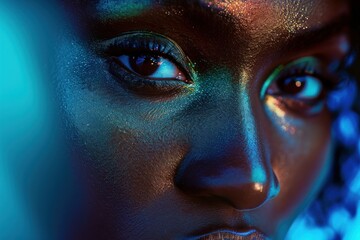 Canvas Print -  a close up of a woman's face with blue and green paint on her face and her eyes glowing in the light of the blue light of the camera.