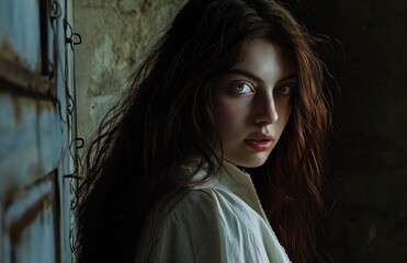 Poster -  a woman with long hair standing in front of a wall and looking at the camera with a serious look on her face, with a serious look on her face.