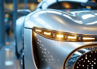 Wall Mural -  a close up of a car with a bright light on it's headlight and a person in the background looking at the front of the car with a blurry background.