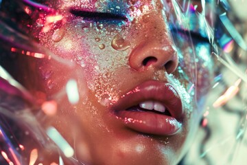 Poster -  a close up of a woman's face with a lot of bubbles on her face and a lot of water on her face and on her face, as well as well as well as well.