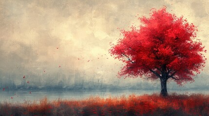 Canvas Print -  a painting of a red tree in the middle of a field with a body of water in the background and a sky filled with clouds and red leaves in the foreground.