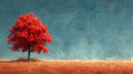 Poster -  a painting of a red tree in the middle of a grassy field with a blue sky in the background and falling leaves on the grass in front of the foreground.