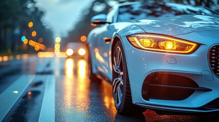 Wall Mural -  a close up of a car driving down a street at night with a lot of street lights on the side of the road and a blurry car in the foreground.