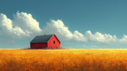 Sticker -  a painting of a red house in the middle of a wheat field with a blue sky and white clouds in the background and a red barn in the foreground.