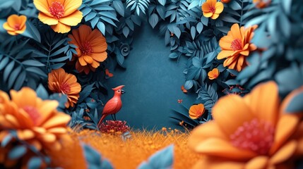 Poster -  a red bird sitting on top of a lush green field next to a lush green forest filled with orange and blue flowers and a blue background of leaves and grass.