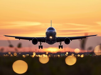 Wall Mural -  a large jetliner flying through a sunset sky over a field of grass and trees in front of a field of grass and trees with lights in the foreground.