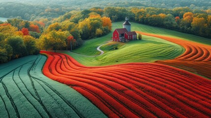 Canvas Print -  a painting of a farm with a red barn in the middle of a field of red tulips in the foreground and a red barn in the background.