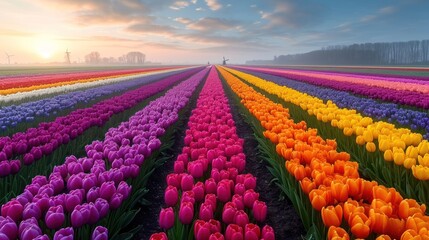 Canvas Print -  a field full of colorful tulips with the sun setting in the distance in the distance, with a person standing in the middle of the rows of the rows.