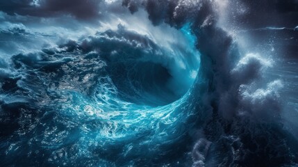 Canvas Print -  a large wave in the middle of a body of water with dark clouds in the background and a boat in the middle of the water in the middle of the middle of the photo.