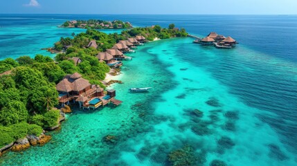 Poster -  an aerial view of a resort in the middle of the ocean with a boat in the water and a row of thatched huts in the middle of the water.