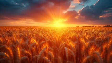 Poster -  a field of wheat at sunset with the sun shining through the clouds and the sun shining through the clouds over the field of wheat in the foreground is the foreground.