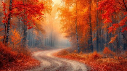 Canvas Print -  a painting of a dirt road in the middle of a forest with trees and leaves on both sides of the road, with the sun shining through the trees on the other side of the road.