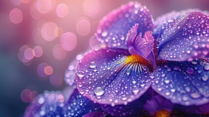 Poster -  a close up of a purple flower with drops of water on it and a pink and blue background with a blurry boke of raindrops on the petals.