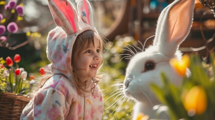 Wall Mural - An unguarded video of a little child dressed as a bunny laughing and talking with the Easter Bunny