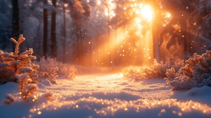 Poster -  the sun shines brightly through the trees on a snowy path through a forest with snow covered bushes and trees in the foreground, as the sun shines through the trees in the distance.