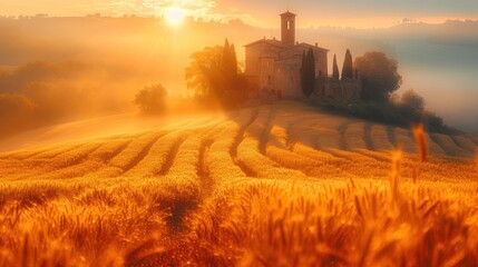 Canvas Print -  a large field of wheat with a church on a hill in the distance with the sun shining through the clouds and the sun shining down on the horizon behind it.