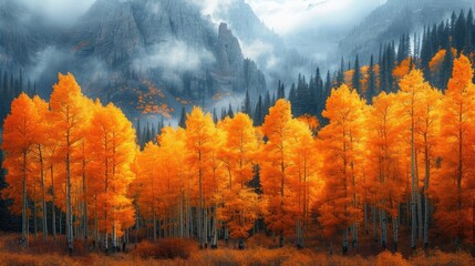 Poster -  a group of trees with orange leaves in the foreground and a mountain in the background with clouds in the sky and fog in the middle of the foreground.