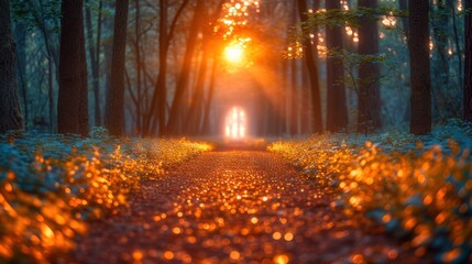 Sticker -  a path in the middle of a forest with a light at the end of the trail in the middle of the forest, with the sun shining through the trees.