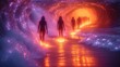  a group of people walking through a tunnel of water with a bright light at the end of the tunnel and the light at the end of the tunnel is red.