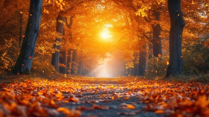 Poster -  a road in the middle of a forest with leaves on the ground and a bright light coming through the trees on either side of the road is a leaf covered path.