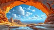  a view from inside of a cave with a mountain in the background and a blue sky with white clouds in the middle of the picture and a blue sky with a few white clouds.