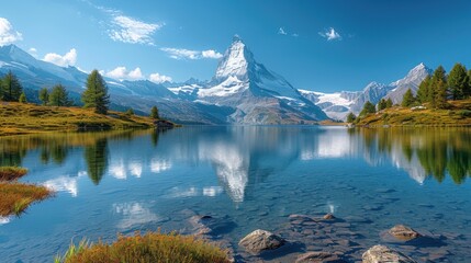 Poster -  a view of a mountain with a lake in the foreground and rocks in the foreground, and trees in the foreground, and a blue sky with clouds in the background.