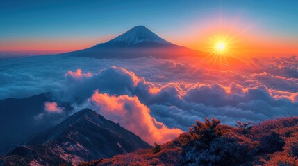 Poster -  a mountain covered in clouds with the sun rising over the top of the mountain in the middle of the sky with the sun peeking over the top of the clouds.